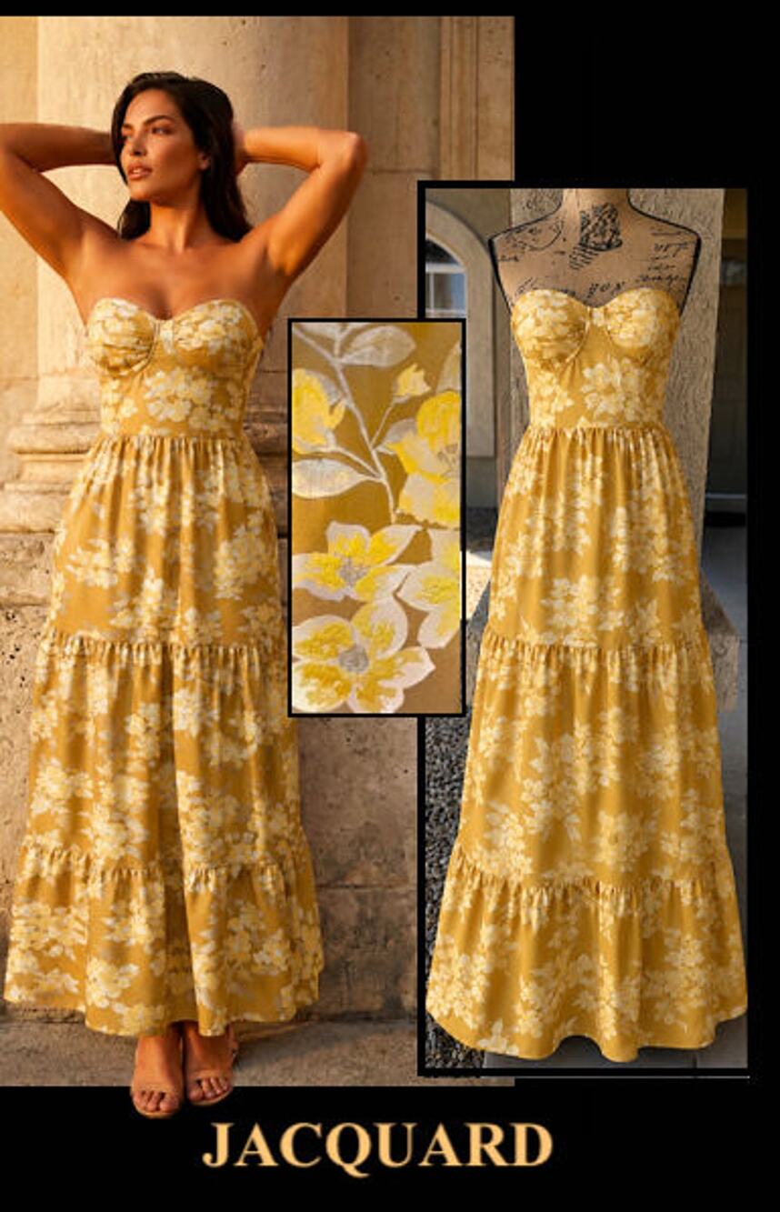 Lulus Petrina Padded Cups Strapless Golden Yellow Floral Jacquard Maxi Dress M